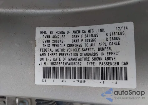 2015 Honda Accord Hybrid Touring z USA, uszkodzony, nr VIN 1HGCR6F7XFA005382